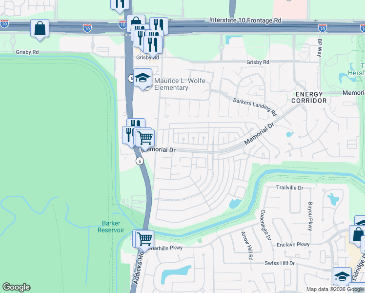 map of restaurants, bars, coffee shops, grocery stores, and more near 702 Queensmill Court in Houston