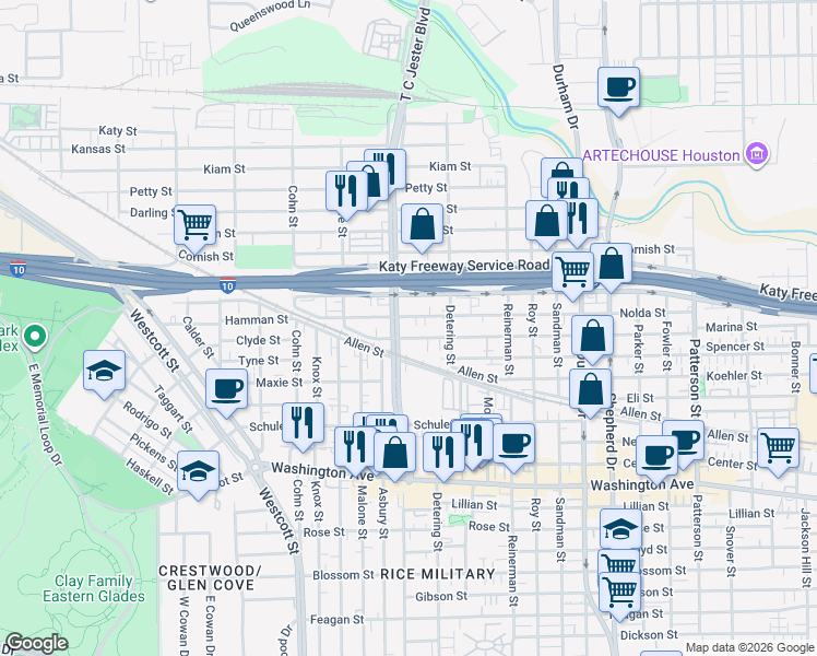 map of restaurants, bars, coffee shops, grocery stores, and more near in Houston