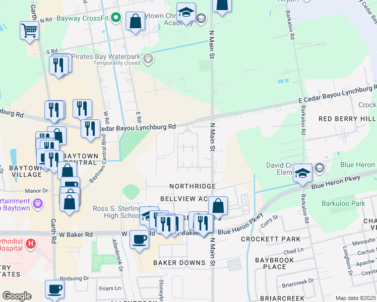 map of restaurants, bars, coffee shops, grocery stores, and more near 99 West Cedar Bayou Lynchburg Road in Baytown