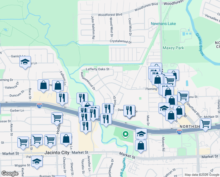 map of restaurants, bars, coffee shops, grocery stores, and more near 11807 Fleming Drive in Houston