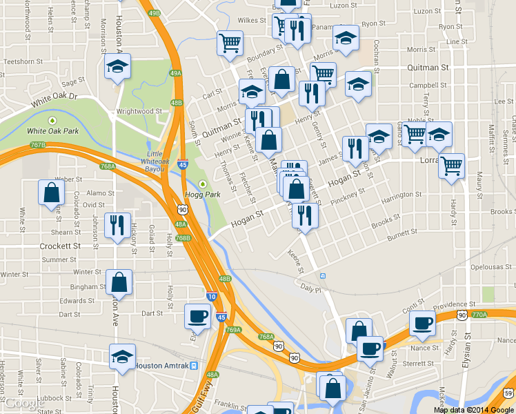 map of restaurants, bars, coffee shops, grocery stores, and more near 402 James in Houston