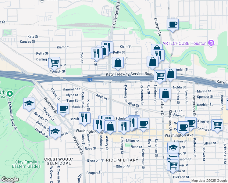 map of restaurants, bars, coffee shops, grocery stores, and more near in Houston