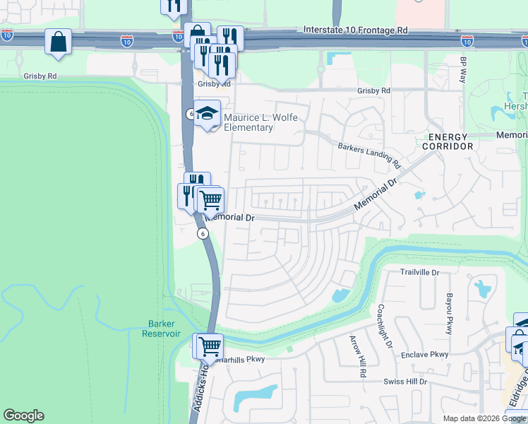 map of restaurants, bars, coffee shops, grocery stores, and more near 702 Queensmill Court in Houston