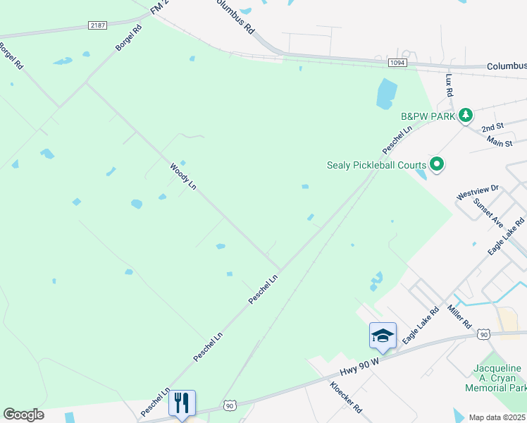 map of restaurants, bars, coffee shops, grocery stores, and more near 924 Peschel Lane in Sealy