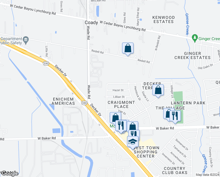map of restaurants, bars, coffee shops, grocery stores, and more near 5428 Hazel Street in Baytown