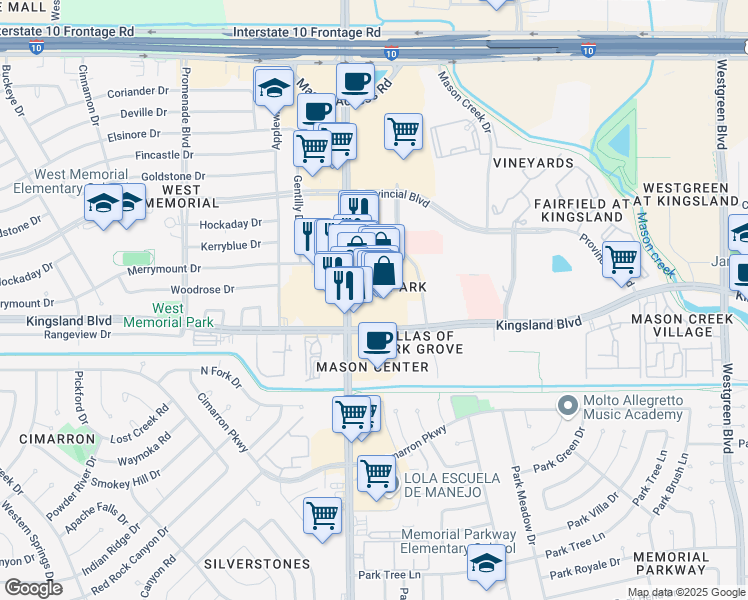map of restaurants, bars, coffee shops, grocery stores, and more near 569 South Mason Road in Katy
