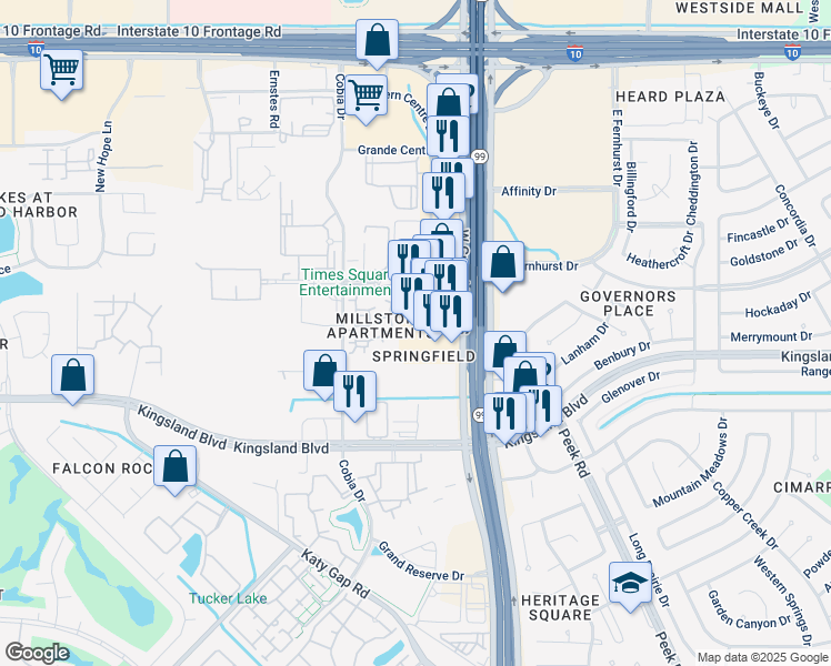 map of restaurants, bars, coffee shops, grocery stores, and more near 410 West Grand Parkway South in Katy