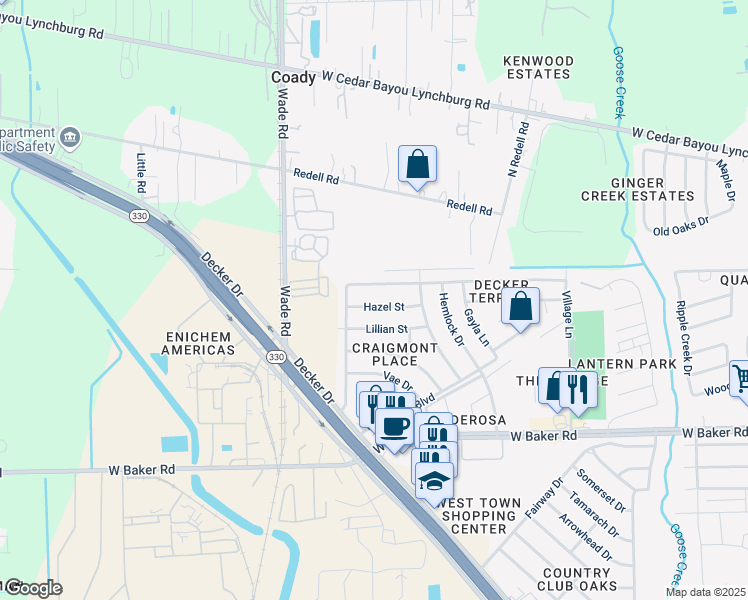 map of restaurants, bars, coffee shops, grocery stores, and more near 5420 Shirley Street in Baytown