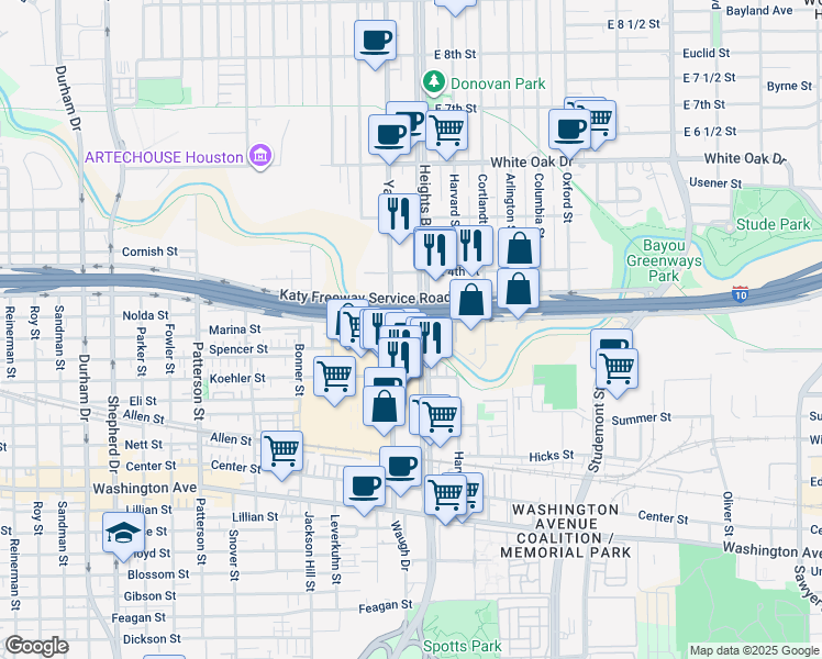 map of restaurants, bars, coffee shops, grocery stores, and more near in Houston