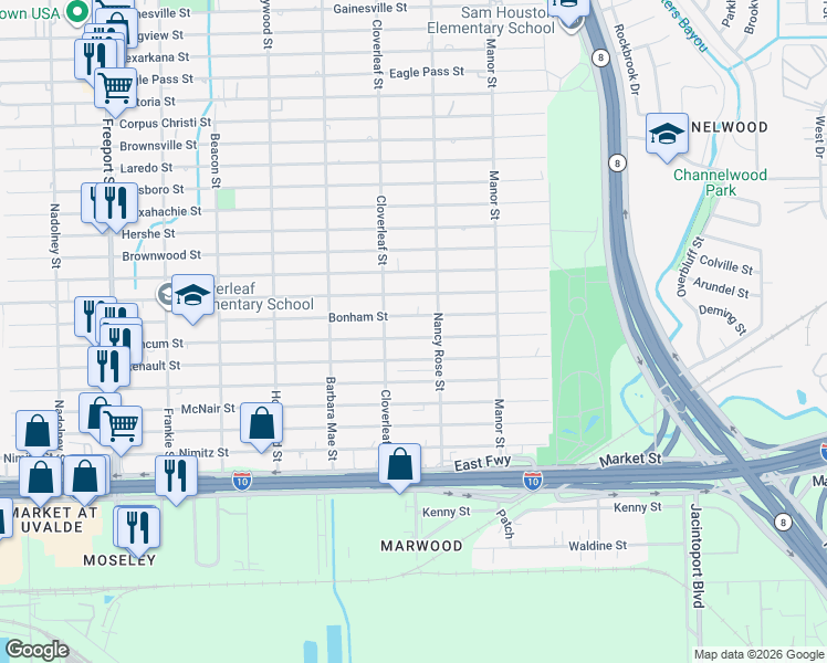 map of restaurants, bars, coffee shops, grocery stores, and more near 14439 Bonham Street in Houston