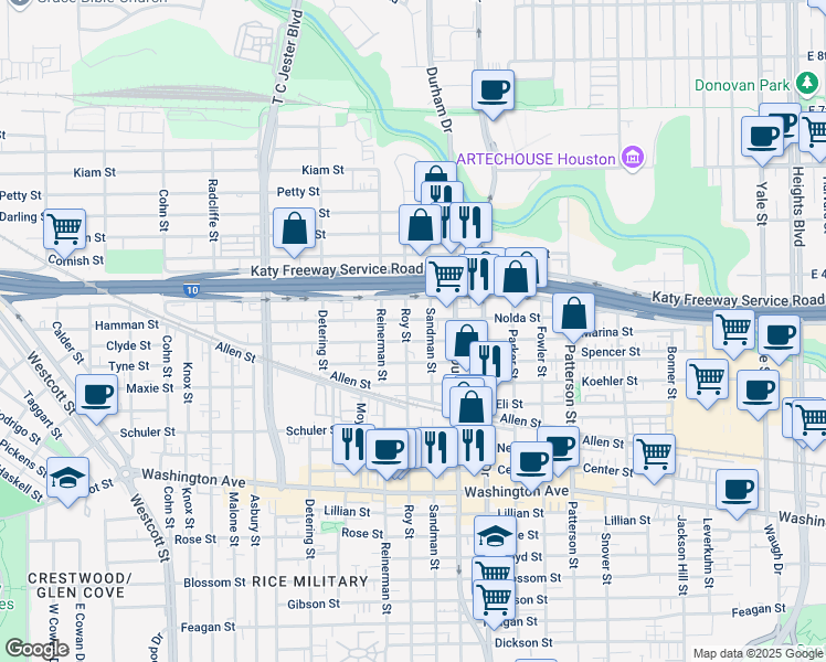 map of restaurants, bars, coffee shops, grocery stores, and more near 5006 Nolda Street in Houston
