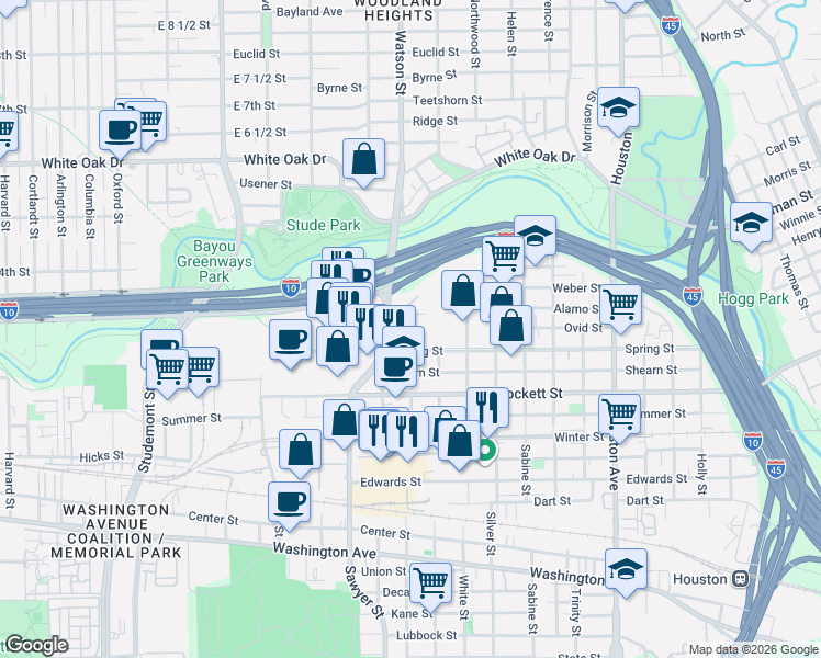 map of restaurants, bars, coffee shops, grocery stores, and more near 2000 Taylor Street in Houston