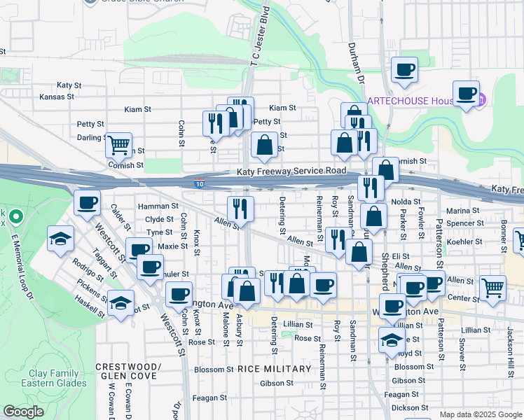 map of restaurants, bars, coffee shops, grocery stores, and more near in Houston