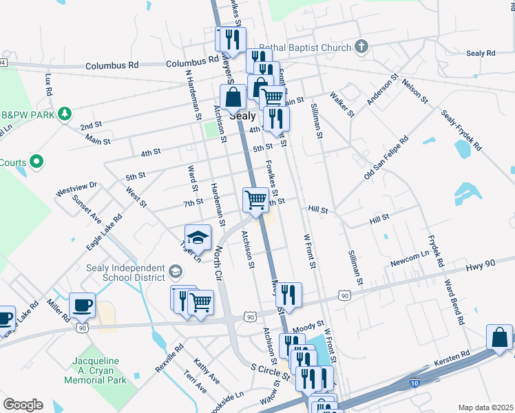map of restaurants, bars, coffee shops, grocery stores, and more near 720 Meyer Street in Sealy