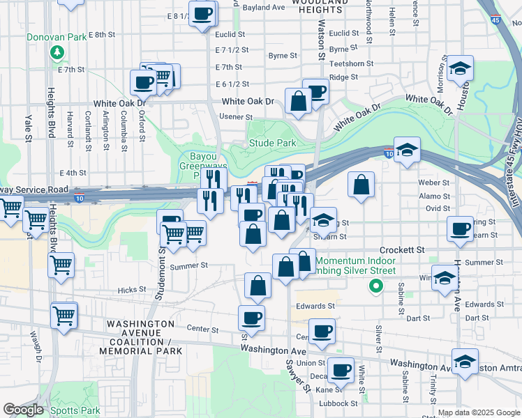 map of restaurants, bars, coffee shops, grocery stores, and more near 2424 Sawyer Heights Street in Houston
