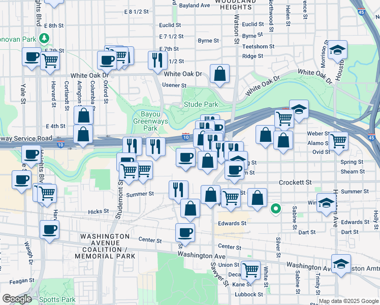 map of restaurants, bars, coffee shops, grocery stores, and more near 2424 Sawyer Heights Street in Houston