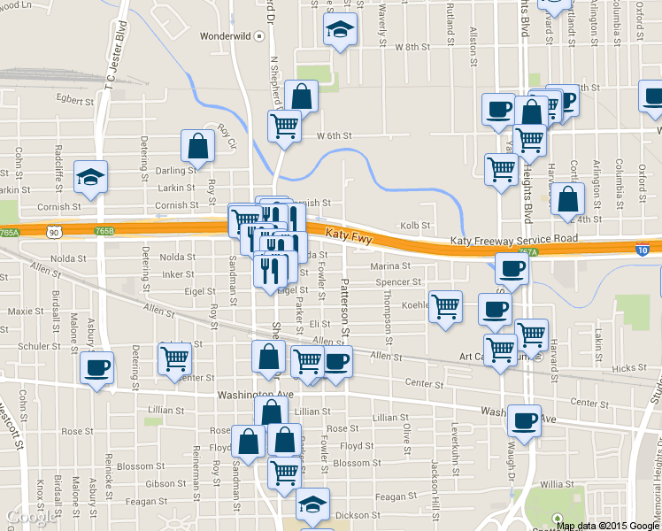 map of restaurants, bars, coffee shops, grocery stores, and more near 4602 Nolda Street in Houston