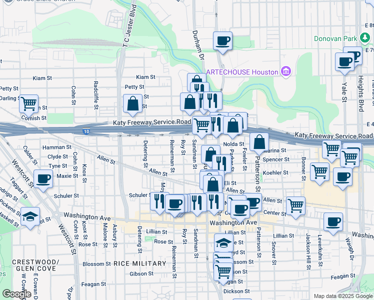 map of restaurants, bars, coffee shops, grocery stores, and more near 5006 Nolda Street in Houston