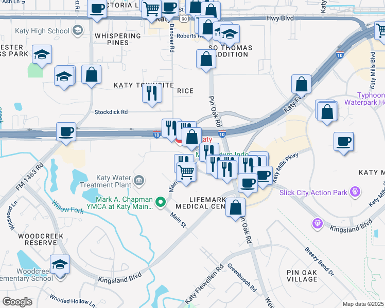 map of restaurants, bars, coffee shops, grocery stores, and more near 25705 Katy Freeway in Katy