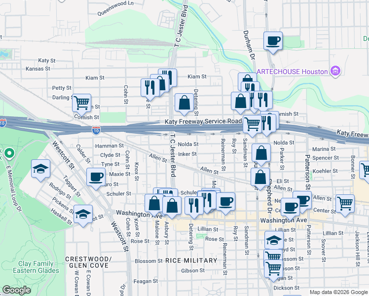 map of restaurants, bars, coffee shops, grocery stores, and more near in Houston