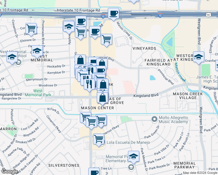 map of restaurants, bars, coffee shops, grocery stores, and more near 531 South Mason Road in Katy