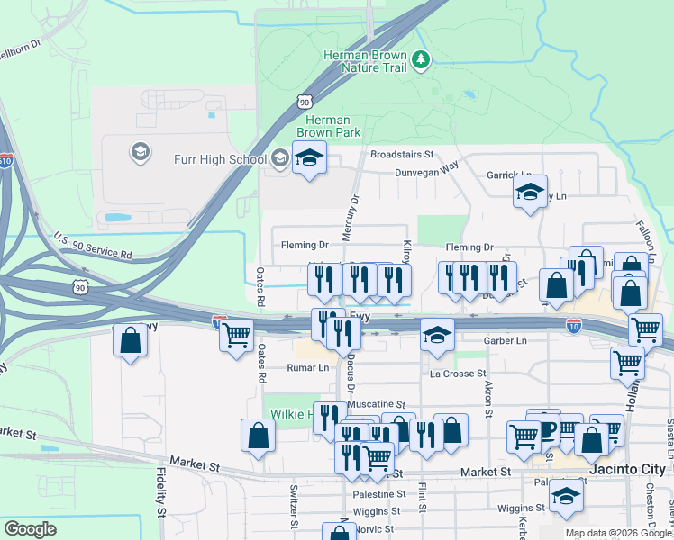 map of restaurants, bars, coffee shops, grocery stores, and more near 10303 Valencia Drive in Houston