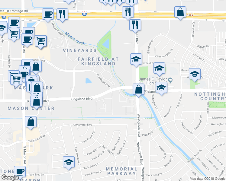 map of restaurants, bars, coffee shops, grocery stores, and more near 21105 Kingsland Boulevard in Katy