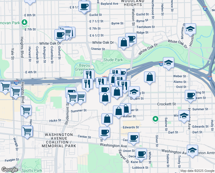 map of restaurants, bars, coffee shops, grocery stores, and more near 2424 Sawyer Heights Street in Houston