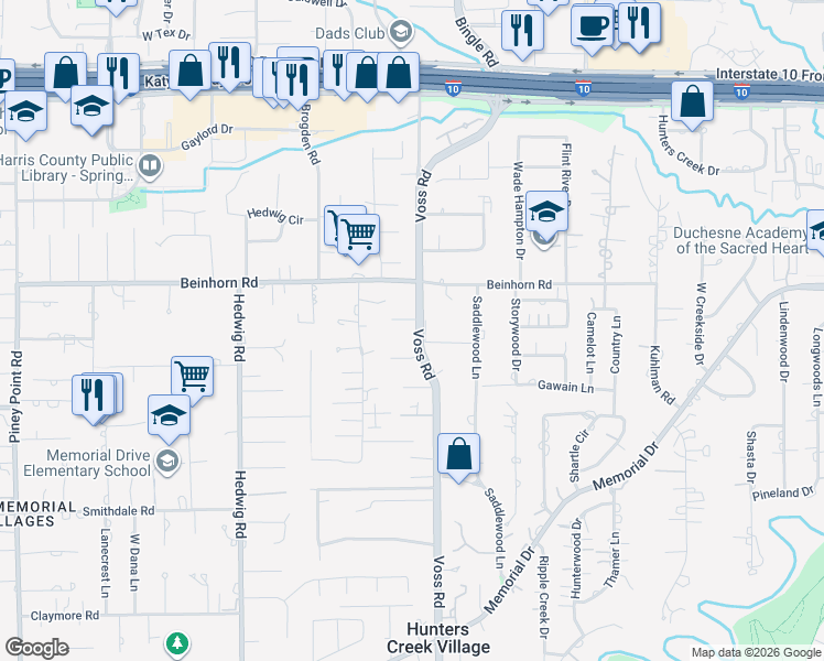 map of restaurants, bars, coffee shops, grocery stores, and more near 10802 Hunters Forest Drive in Houston