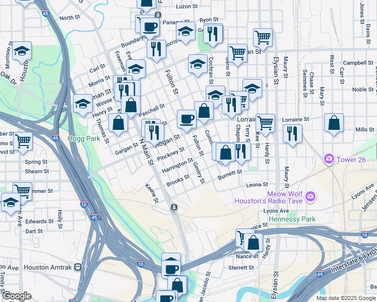 map of restaurants, bars, coffee shops, grocery stores, and more near 1806 Gentry Street in Houston