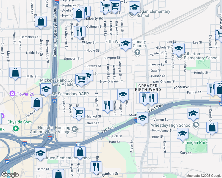 map of restaurants, bars, coffee shops, grocery stores, and more near 3811 Lyons Avenue in Houston