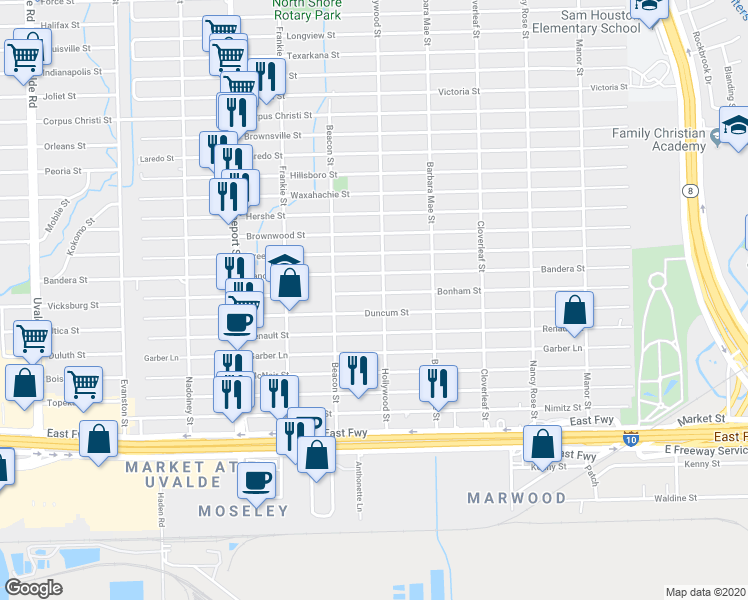 map of restaurants, bars, coffee shops, grocery stores, and more near 14139 Bonham Street in Houston