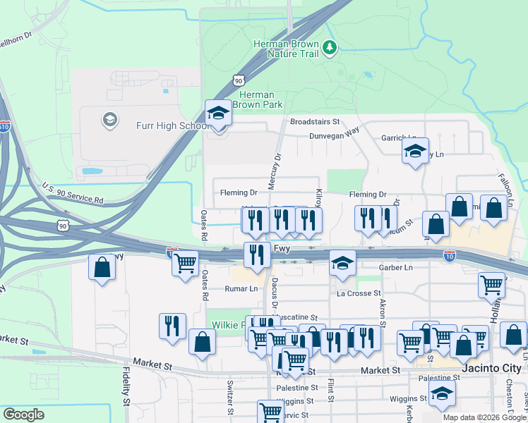 map of restaurants, bars, coffee shops, grocery stores, and more near 10303 Valencia Drive in Houston