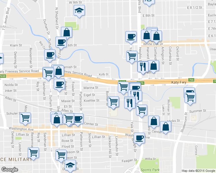 map of restaurants, bars, coffee shops, grocery stores, and more near 1612 Bonner Street in Houston