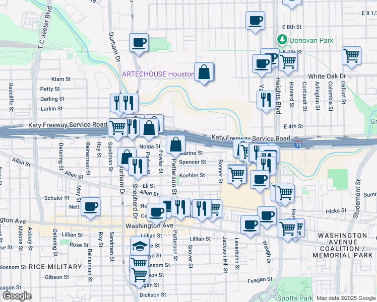map of restaurants, bars, coffee shops, grocery stores, and more near 4301 Chester Street in Houston