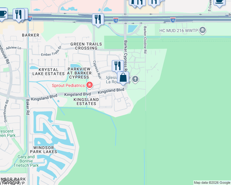 map of restaurants, bars, coffee shops, grocery stores, and more near 18050 Kingsland Boulevard in Houston