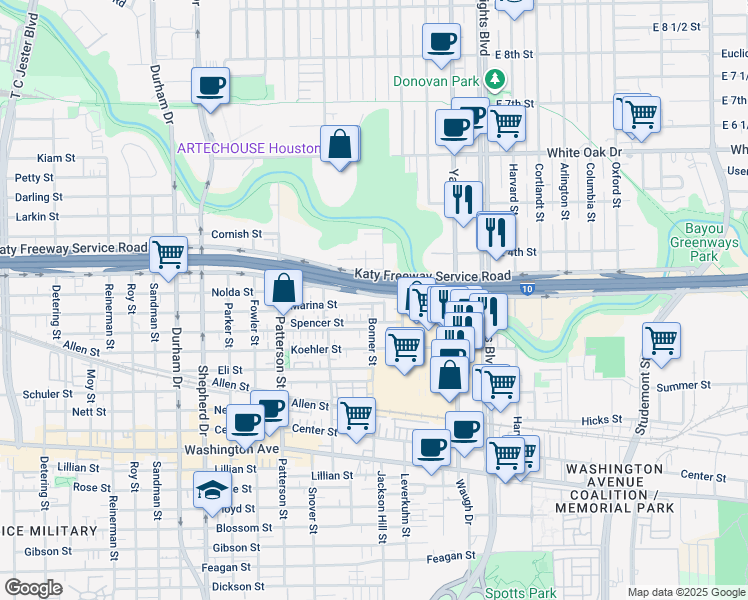 map of restaurants, bars, coffee shops, grocery stores, and more near 1612 Bonner Street in Houston