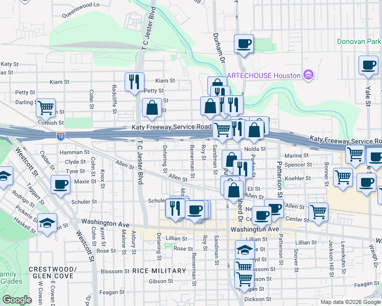 map of restaurants, bars, coffee shops, grocery stores, and more near 5225 Katy Freeway in Houston