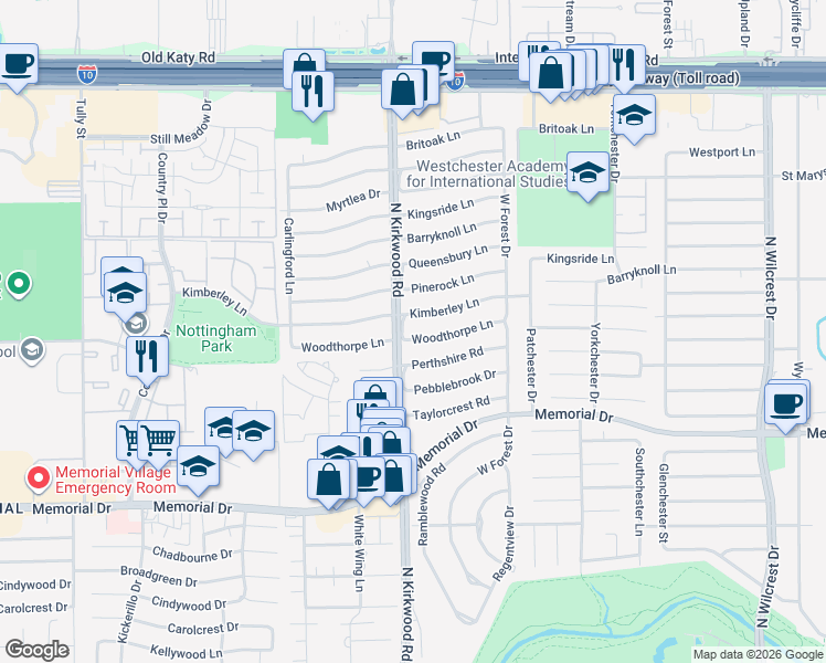 map of restaurants, bars, coffee shops, grocery stores, and more near 13919 Kimberley Lane in Houston