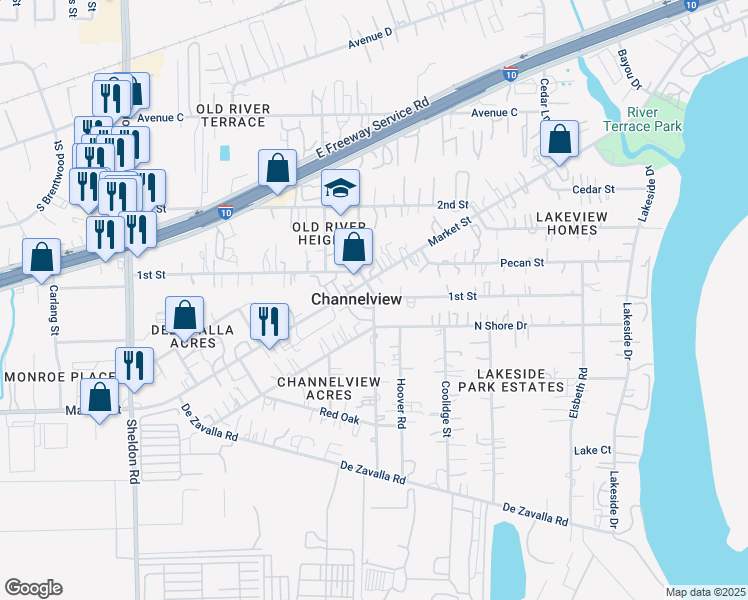 map of restaurants, bars, coffee shops, grocery stores, and more near 16204 Market Street in Channelview