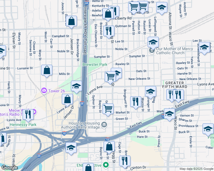 map of restaurants, bars, coffee shops, grocery stores, and more near 3303 Lyons Avenue in Houston