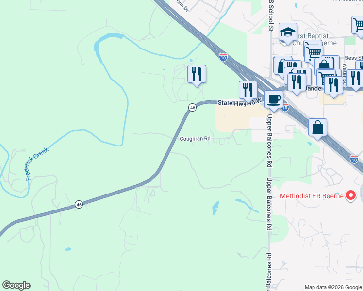 map of restaurants, bars, coffee shops, grocery stores, and more near 23 Coughran Road in Boerne
