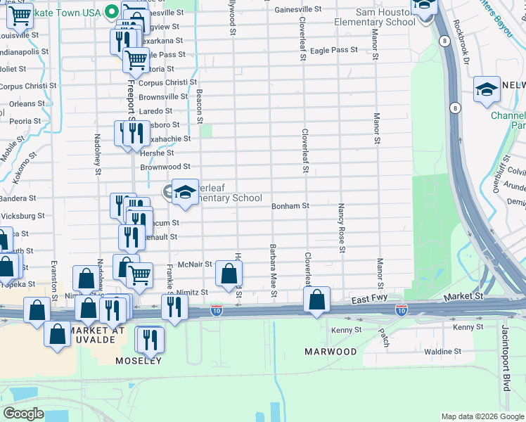 map of restaurants, bars, coffee shops, grocery stores, and more near 14227 Bonham Street in Houston