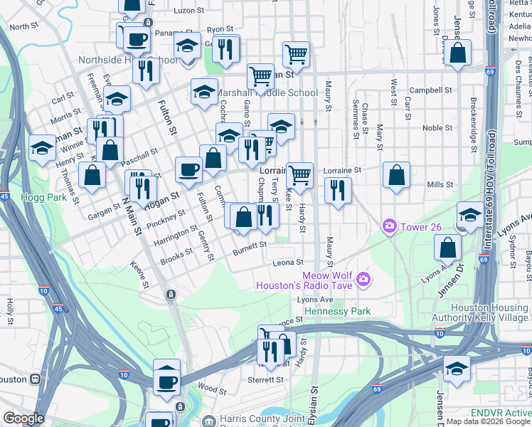 map of restaurants, bars, coffee shops, grocery stores, and more near 1408 Harrington Street in Houston