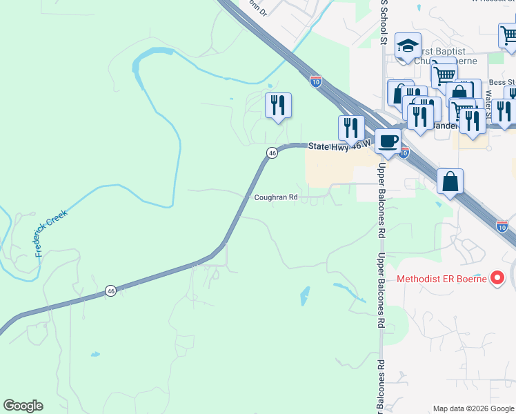 map of restaurants, bars, coffee shops, grocery stores, and more near 23 Coughran Road in Boerne