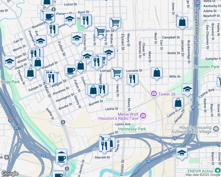 map of restaurants, bars, coffee shops, grocery stores, and more near 1620 McKee Street in Houston