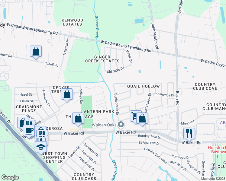 map of restaurants, bars, coffee shops, grocery stores, and more near 5001 Ripple Creek Drive in Baytown