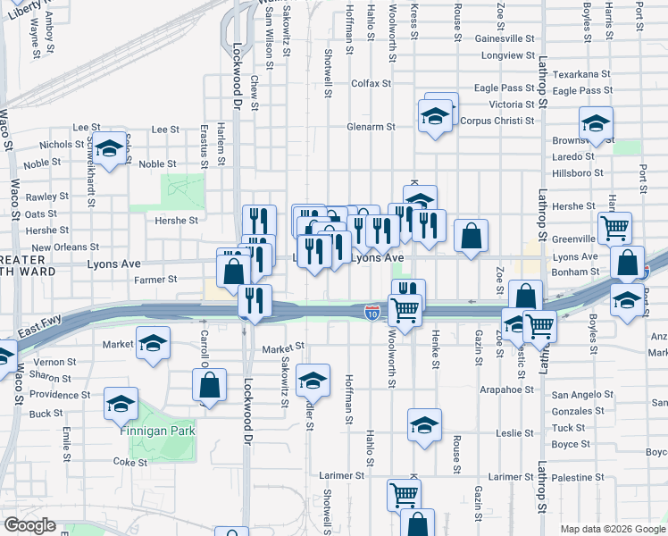 map of restaurants, bars, coffee shops, grocery stores, and more near in Houston