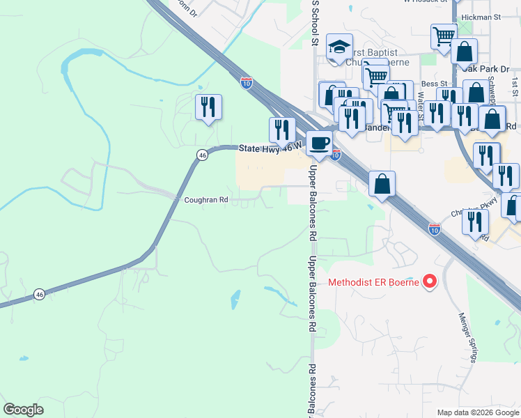 map of restaurants, bars, coffee shops, grocery stores, and more near 9 Coughran Road in Boerne