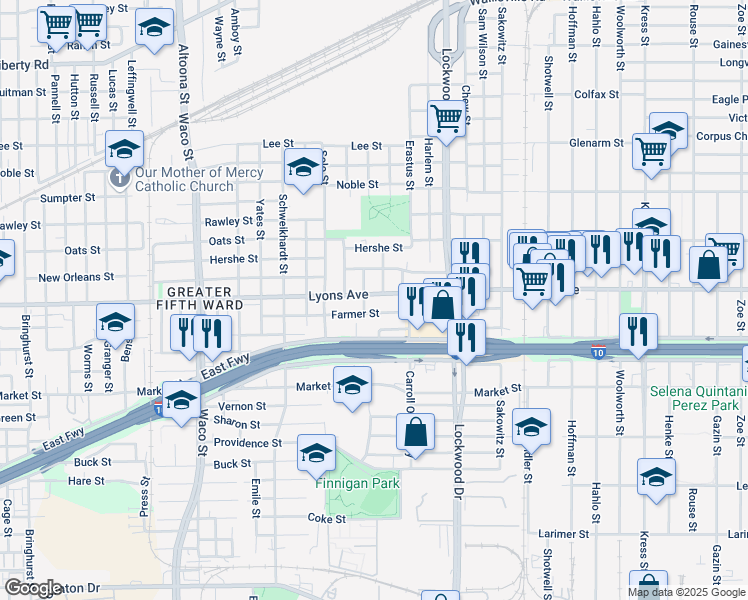map of restaurants, bars, coffee shops, grocery stores, and more near 5107 Lyons Avenue in Houston
